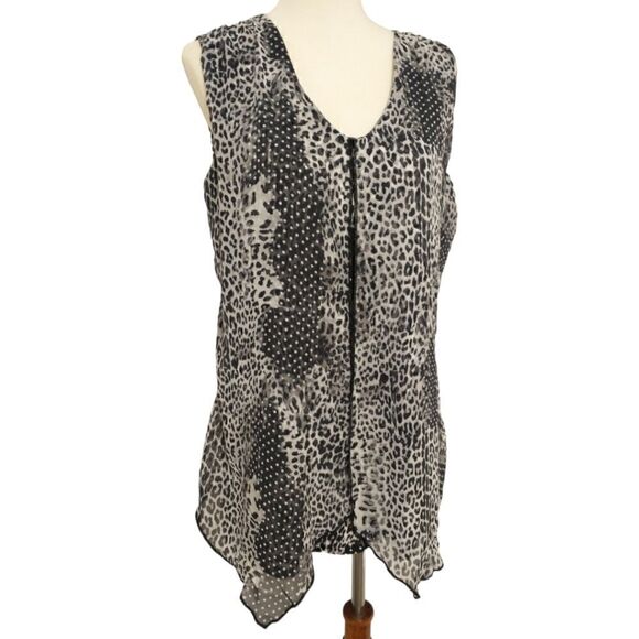 Adele May Top Large Blouse Sleeveless Animal Print Flowy Sheer Mixed Media Tunic - Picture 4 of 16